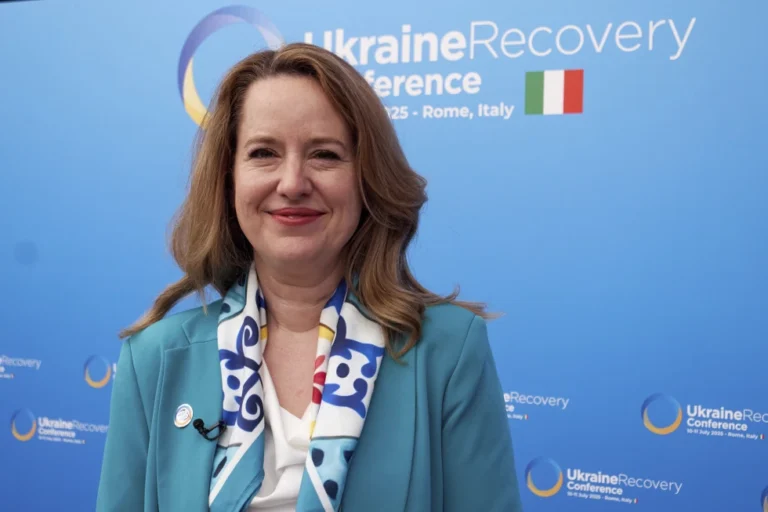 Amy Pope, Director General of the International Organization for Migration, is interviewed by the Associated Press during the Ukraine Recovery Conference at La Nuvola convention center in Rome, Thursday, July 10, 2025. (AP Photo/Paolo Santalucia)
