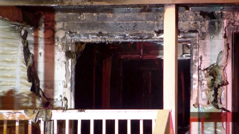 This image taken from video provided by WLNE-TV shows damage from a fire at an assisted living facility in Fall River, Mass., Sunday, July 13, 2025. (WLNE-TV via AP)