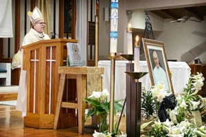 (Bishop Alberto Rojas of the Diocese of San Bernardino gives the homily at a memorial Mass for Pope Francis at Our Lady of the Rosary Cathedral, Friday, April 25, 2025, in San Bernardino, Calif. (Terry Pierson/The Orange County Register via AP)