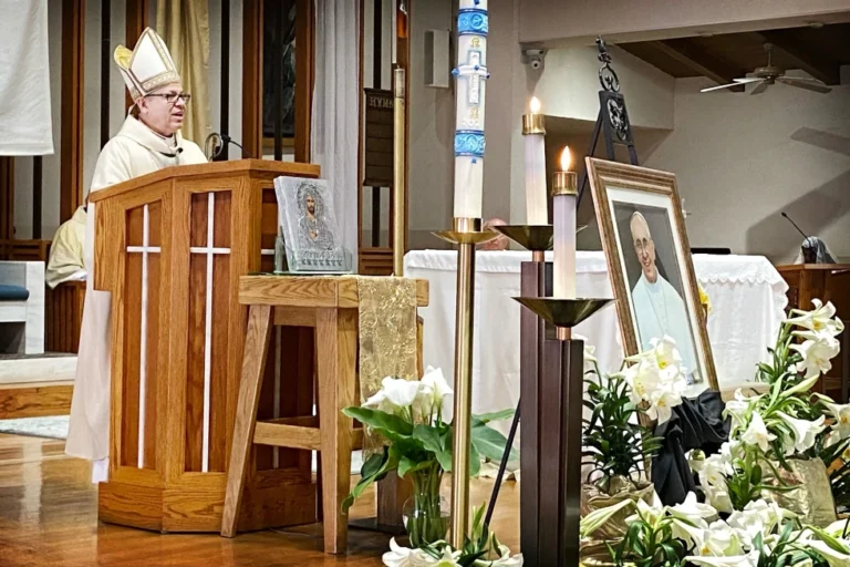 (Bishop Alberto Rojas of the Diocese of San Bernardino gives the homily at a memorial Mass for Pope Francis at Our Lady of the Rosary Cathedral, Friday, April 25, 2025, in San Bernardino, Calif. (Terry Pierson/The Orange County Register via AP)