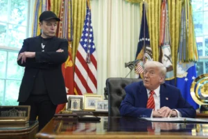 President Donald Trump, right, speaks during a news conference with Elon Musk in the Oval Office of the White House, Friday, May 30, 2025, in Washington. (AP Photo/Evan Vucci, File)