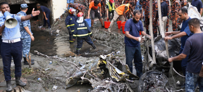 (According to the military and a fire official, the Chinese-made F-7 BGI aircraft crashed into the campus of Milestone School and College, in the Uttara neighborhood, in the afternoon as students were attending classes. It is the deadliest airplane crash in the Bangladeshi capital in recent memory. (AP video shot by Al Emrun Garjon)