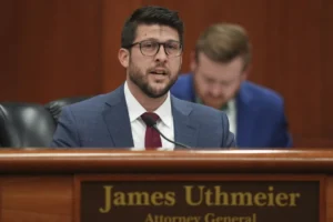 (Florida Attorney General James Uthmeier speaks during a meeting between Gov. Ron DeSantis and the state cabinet at the Florida capitol in Tallahassee, Fla., Wednesday, March 5, 2025. (AP Photo/Rebecca Blackwell, file)