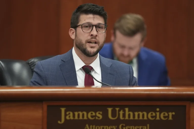 (Florida Attorney General James Uthmeier speaks during a meeting between Gov. Ron DeSantis and the state cabinet at the Florida capitol in Tallahassee, Fla., Wednesday, March 5, 2025. (AP Photo/Rebecca Blackwell, file)
