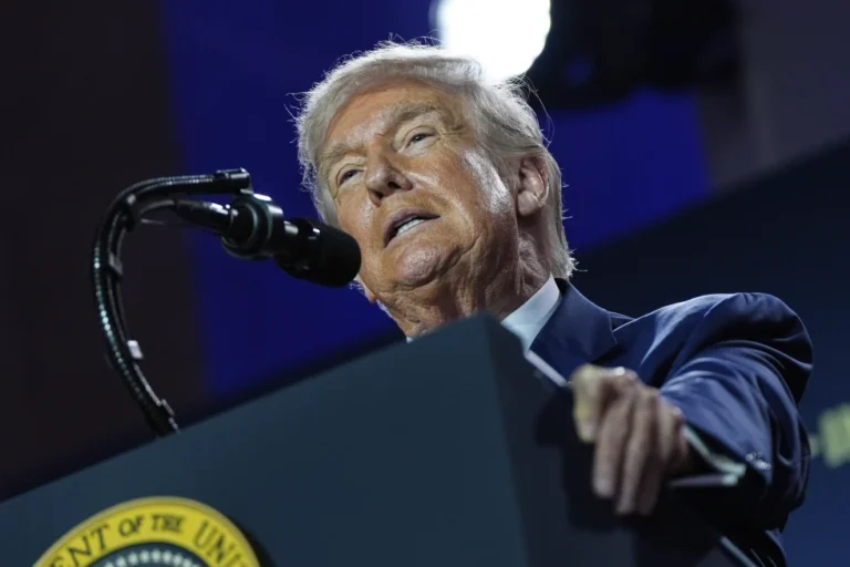 (President Donald Trump speaks during an AI summit at the Andrew W. Mellon Auditorium, Wednesday, July 23, 2025, in Washington.  AP Photo: Julia Demaree Nikhinson)