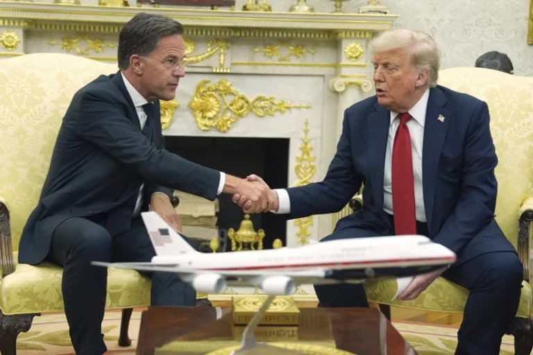 President Donald Trump, right, shakes the hand of NATO Secretary General Mark Rutte during a meeting in the Oval Office of the White House, Monday, July 14, 2025, in Washington. (AP Photo/Evan Vucci)