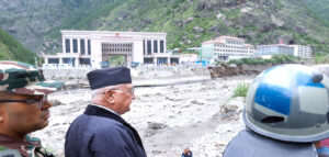(KP Sharma Oli inspecting the flood-damaged Nepal-China customs point in Rasuwagadhi on Tuesday. Photo: Prime Minister's Secretariat Prime Minister. Photo: RSS)