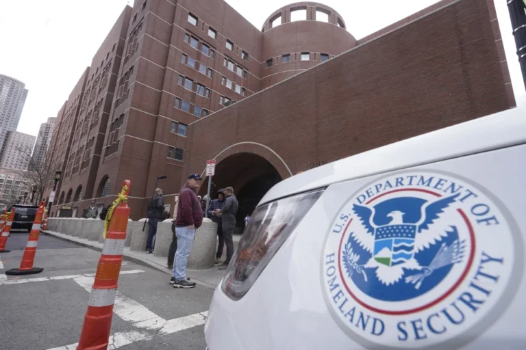 (A Homeland Security vehicle, right, is parked outside the Moakley Federal Courthouse, April 19, 2023, in Boston. (AP Photo/Steven Senne, File)