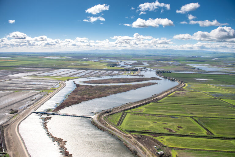 Aerial view looking south at the S Bacon Island road bridge over Middle River connecting the eastern side of Bacon Island (right) and Jones Tract, both part of the Sacramento-San Joaquin River Delta in San Joaquin County, California. Photo taken March 08, 2019.
Ken James / California Department of Water Resources, FOR EDITORIAL USE ONLY