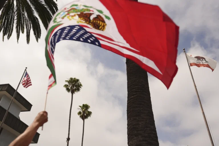 (A demonstrator waves a flag during a protest in reaction to recent immigration raids on Friday, July 11, 2025, in Oxnard, Calif. (AP Photo/Jae C. Hong)