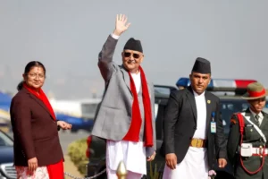(Nepali Prime Minister K.P. Sharma Oli waves before departing from Tribhuvan Airport in Kathmandu, Nepal, on Dec. 2. File  Photo: Aryan Dhimal-AFP )