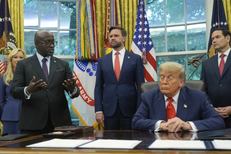(President Donald Trump listens as Rwanda’s Foreign Minister Olivier Nduhungirehe speaks during a event with Congo’s Foreign Minister Therese Kayikwamba Wagner, June 27, 2025, in the Oval Office at the White House in Washington, as Vice President JD Vance and Secretary of State Marco Rubio, watch. AP Photo: Manuel Balce Ceneta), File)