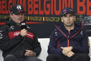 (Alfa Romeo driver Valtteri Bottas of Finland, left, and Red Bull driver Sergio Perez of Mexico participate in a media conference ahead of the Formula One Grand Prix at the Spa-Francorchamps racetrack in Spa, Belgium, July 27, 2023. (AP Photo/Geert Vanden Wijngaert, file)