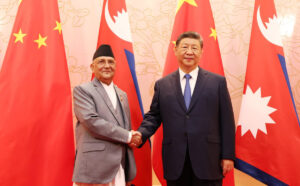 (Prime Minister KP Sharma Oli during a courtesy call with President Xi Jinping at the Tianjin Guest House in China on Saturday. Photo: Prime Minister's Secretariat)