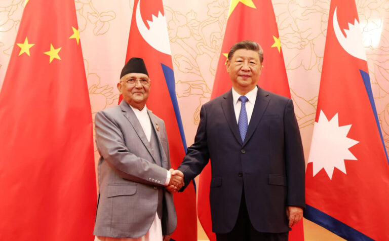 (Prime Minister KP Sharma Oli during a courtesy call with President Xi Jinping at the Tianjin Guest House in China on Saturday. Photo: Prime Minister's Secretariat)