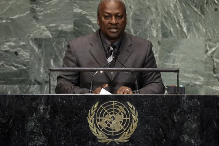 (Ghana’s President John Mahama addresses the high level meeting on rule of law in the United Nations General Assembly at U.N. headquarters, Sept. 24, 2012.  AP Photo: Richard Drew, File)