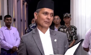 (Home Minister Om Prakash Aryal sharing decisions of the Cabinet meeting today with the journalists. Photo: AP)