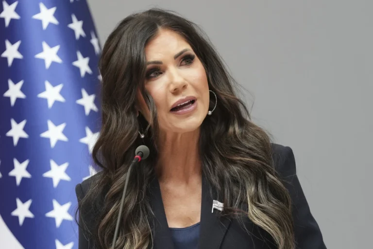 (United States Secretary of Homeland Security Kristi Noem addresses the media during a visit to the Port of Antwerp in Antwerp, Belgium, Wednesday, Sept. 10, 2025. AP Photo" Virginia Mayo)