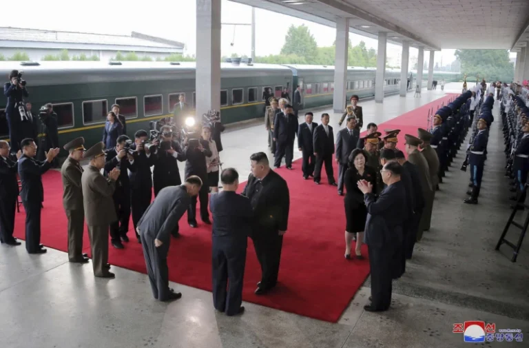 (This photo provided by the North Korean government, shows that North Korea leader Kim Jong Un greets attendants in Pyongyang, North Korea, on Sept. 10, 2023, before boarding on a train to Russia. Independent journalists were not given access to cover the event depicted in this image distributed by the North Korean government. The content of this image is as provided and cannot be independently verified. Korean language watermark on image as provided by source reads: “KCNA” which is the abbreviation for Korean Central News Agency. (Korean Central News Agency/Korea News Service via AP, File)