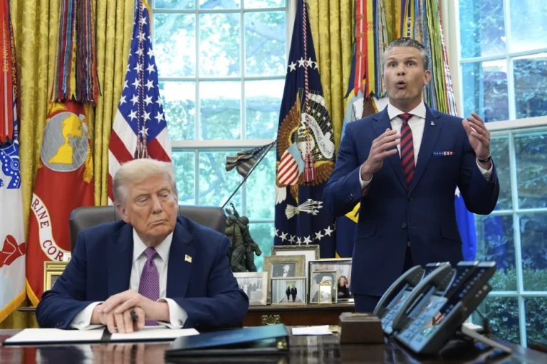 (President Donald Trump listens as Defense Secretary Pete Hegseth speaks in the Oval Office of the White House, Friday, Sept. 5, 2025, in Washington. AP Photo: Alex Brandon)