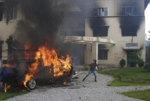 (Protesters vandalize and burn down Nepalese communist party office during protests against social media ban and corruption in Kathmandu, Nepal, Tuesday, Sept. 9, 2025. AP Photo: Niranjan Shrestha)