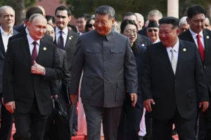 (Front from left, Russian President Vladimir Putin, Chinese President Xi Jinping and North Korean leader Kim Jong Un arrive at a military parade to commemorate the 80th anniversary of Japan’s World War II surrender in Beijing, China, Wednesday, Sept. 3, 2025. (Sergei Bobylev, Sputnik, Kremlin Pool Photo via AP)