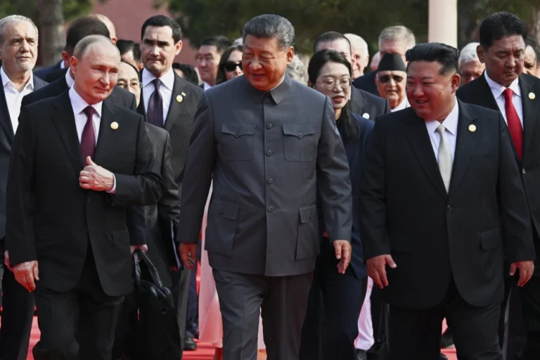 (Front from left, Russian President Vladimir Putin, Chinese President Xi Jinping and North Korean leader Kim Jong Un arrive at a military parade to commemorate the 80th anniversary of Japan’s World War II surrender in Beijing, China, Wednesday, Sept. 3, 2025. (Sergei Bobylev, Sputnik, Kremlin Pool Photo via AP)