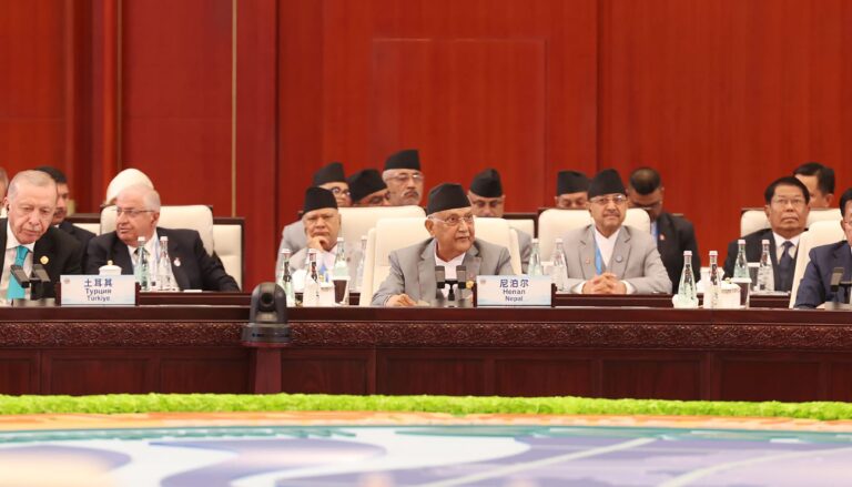 (Prime Minister KP Sharma Oli addressing the Shanghai Cooperation Organisation (SCO) Plus Summit on Monday. Photos: RSS)