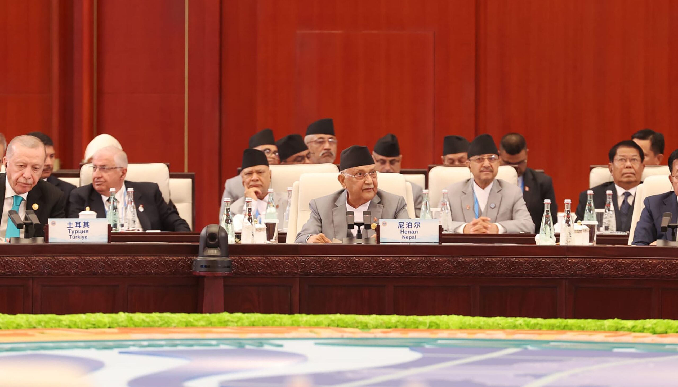 (Prime Minister KP Sharma Oli addressing the Shanghai Cooperation Organisation (SCO) Plus Summit on Monday. Photos: RSS)