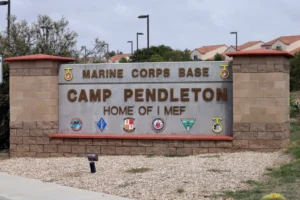 (The entrance to Marine Corps base Camp Pendleton is seen on Sept. 22, 2015, in Oceanside, Calif.  AP Photo: Gregory Bull, File)