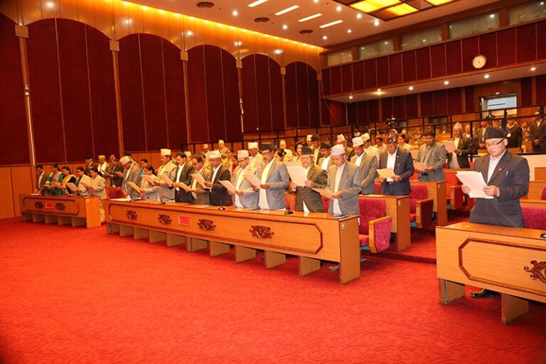 Newly elected members of the National Assembly, the Upper House in the Federal Parliament, taking oath of office and secrecy, at Parliament building in New Baneshwor, Kathmandu, on Wednesday, March 4, 2020. Photo: Nepal Parliament