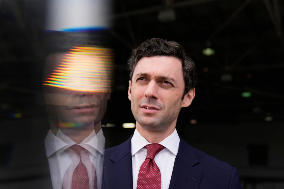 (Sen. Jon Ossoff, D-Ga., speaks during an interview at Dobbins Air Reserve Base, April 26, 2025, in Marietta, Ga.  AP Photo: Brynn Anderson, File)