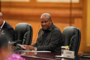 (Ghana’s President John Mahama speaks during a meeting with Chinese President Xi Jinping, unseen, at the Great Hall of the People in Beijing, China, Tuesday, Oct. 14, 2025. Ichiro Banno: Pool Photo via AP, File)