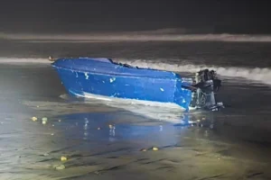 (This photo provided by the Defense Visual Information Distribution Service shows a capsized boat on Friday, Nov. 14, 2025, off the coast of Imperial Beach, Calif. (Petty Officer 3rd Class Roberto Nieves-Defense Visual Information Distribution Service via AP)
