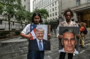 (Protesters hold up signs of Jeffrey Epstein and President Donald Trump in front of the New York City federal courthouse in 2019. Photo Curtsy: Stephanie Keith-Getty Images)
