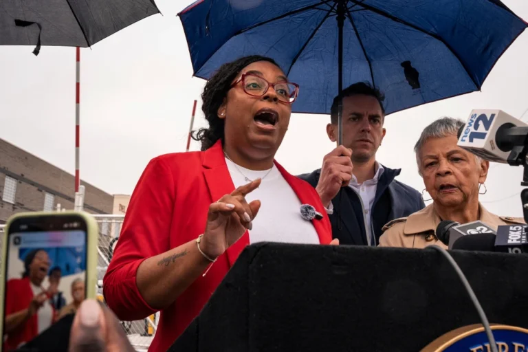 (Congresswoman Rep. LaMonica McIver, D-N.J., speaks to the press after Newark mayor Ras Baraka was arrested while protesting at Delaney Hall ICE detention prison, May 9, 2025, in Newark, N.J. AP Photo: Angelina Katsanis, File)