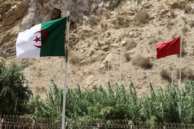 (A view of Algerian and Moroccan flags along the closed border with Morocco, in the town of Marsa Ben M’Hidi, Algeria, Aug. 11, 2023.  AP Photo, File)