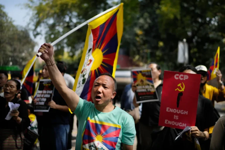 (Sonam Tashi shouts slogans during a demonstration to commemorate the anniversary of the 1959 uprising in Tibet against Chinese rule, in New Delhi, India, March, 10, 2025. AP Photo: Manish Swarup)