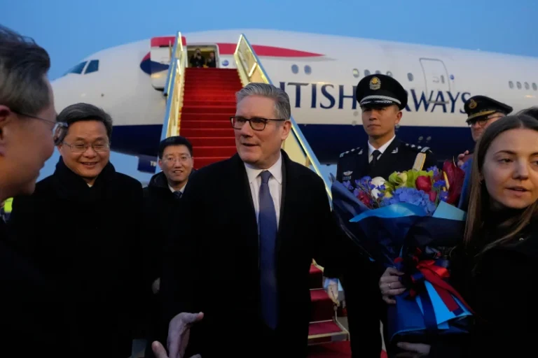 (Britain’s Prime Minister Keir Starmer is welcomed upon his arrival at an airport in Beijing on Wednesday.  AP Photo: Kin Cheung, Pool)