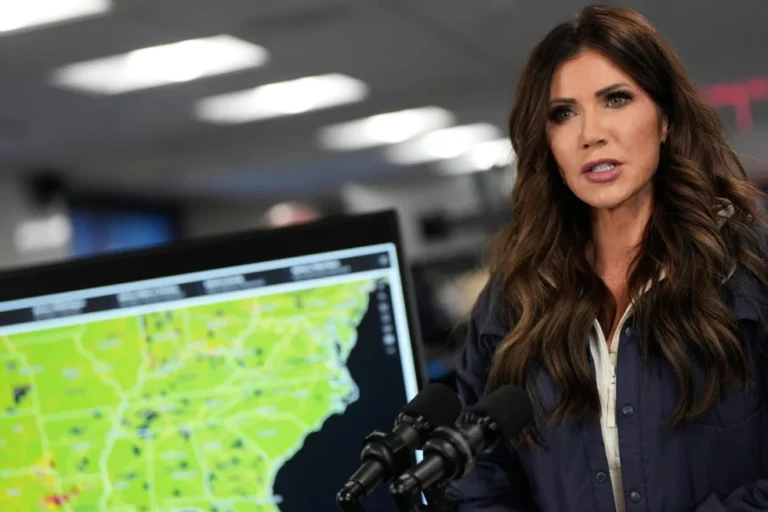 (Homeland Security Secretary Kristi Noem speaks about the impending winter weather during a news conference at Federal Emergency Management Agency headquarters, Saturday, Jan. 24, 2026, in Washington.  AP Photo: Julia Demaree Nikhinson)