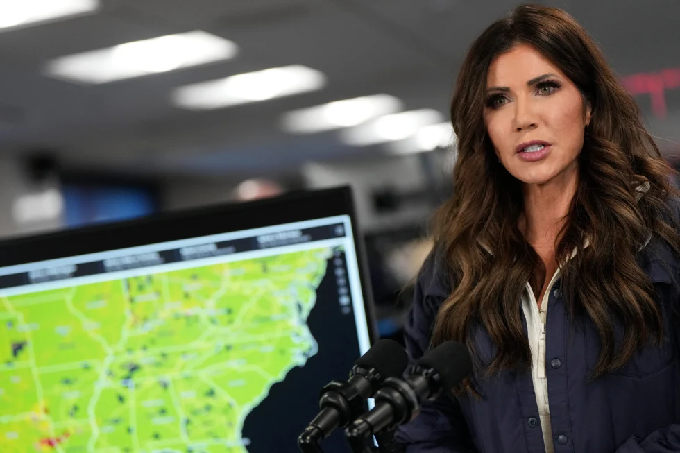 (Homeland Security Secretary Kristi Noem speaks about the impending winter weather during a news conference at Federal Emergency Management Agency headquarters, Saturday, Jan. 24, 2026, in Washington.  AP Photo: Julia Demaree Nikhinson)