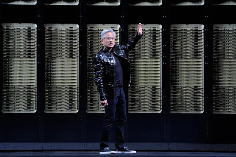 (Nvidia founder and CEO Jensen Huang speaks about the NVIDIA Rubin AI super computing platform during a Nvidia news conference ahead of the CES tech show Monday, Jan. 5, 2026, in Las Vegas.  AP Photo: John Locher)