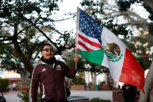 (A demonstrator waves a combination American and Mexican flag during a protest in response to the Minneapolis fatal shooting of 37-year-old Alex Pretti Saturday, Jan. 24, 2026, in Los Angeles.  AP Photo: Caroline Brehman)