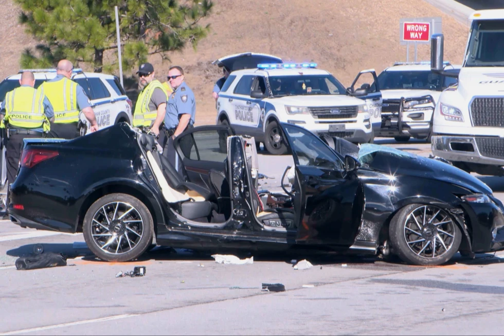 (This image taken from video provided by WTOC-TV shows law enforcement responding to the scene of a fatal car crash, Monday, Feb. 16, 2026, in Savannah, Ga. Photo: WTOC-TV)