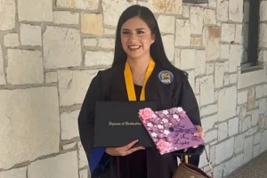 (In this undated photo provided by her attorney, Todd Pomerleau, in January 2025, Any Lucia Lopez Belloza celebrates her high school graduation in Texas. (Any Lucia Lopez Belloza’s attorney via AP, File)