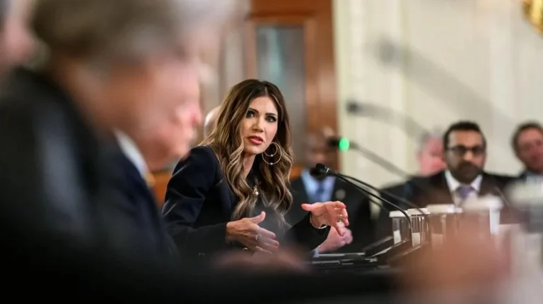 (Secretary of Homeland Security Kristi Noem at a roundtable event launching the Homeland Security Task Force, Oct. 23, 2025. Photo: Molly Riley)