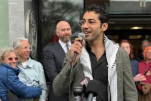 (Mohsen Mahdawi speaks outside the courthouse after a judge released the Palestinian student activist, on April 30, 2025 in Burlington, Vt. (AP Photo/Amanda Swinhart, File)