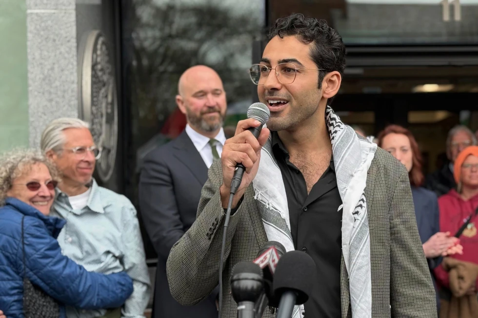 (Mohsen Mahdawi speaks outside the courthouse after a judge released the Palestinian student activist, on April 30, 2025 in Burlington, Vt. (AP Photo/Amanda Swinhart, File)