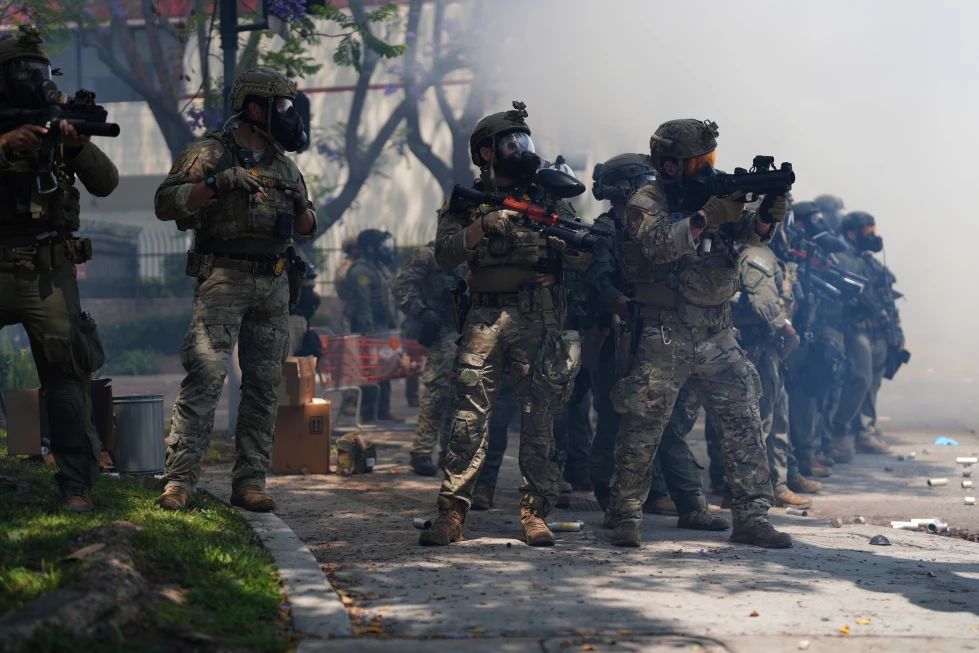 (Law enforcement respond to protesters after federal immigration authorities conducted operations, June 7, 2025, in Paramount, Calif. (AP Photo/Eric Thayer, File)