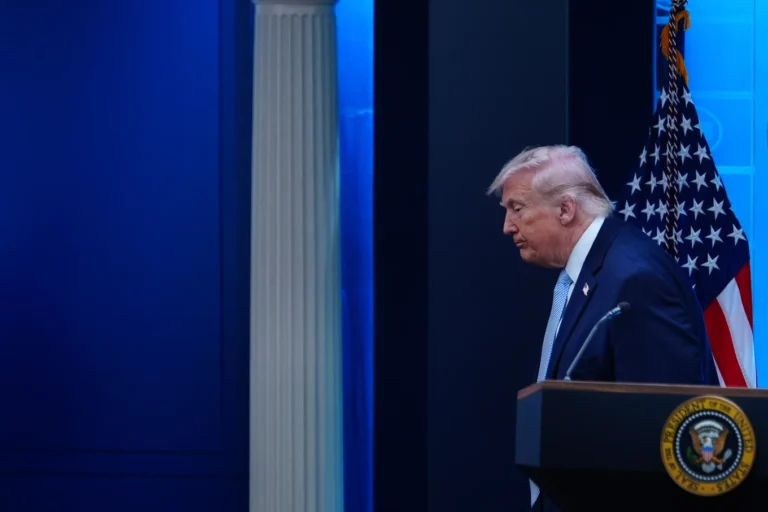 (President Donald Trump departs after speaking with reporters during a news conference in the James Brady Press Briefing Room at the White House, Monday, April 6, 2026, in Washington.  AP Photo: Julia Demaree Nikhinson)